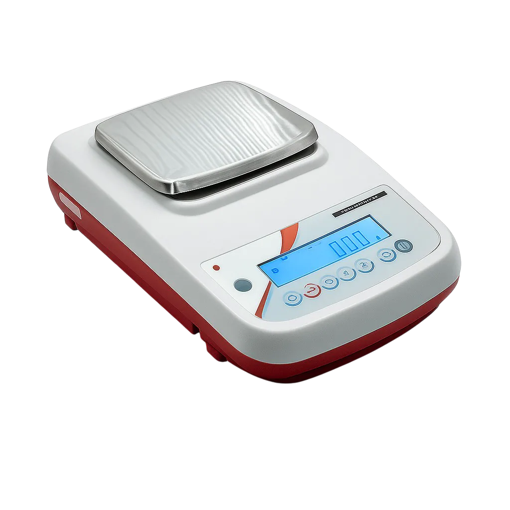 Balance de laboratoire B3C LAB-900 homologuée avec cage de protection vitrée et indicateur, détourée sur fond blanc