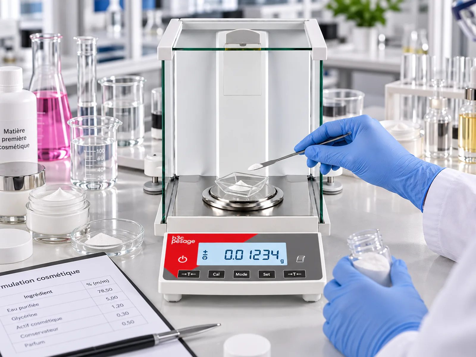 Dosage à la spatule sur une balance analytique B3C LAB-A dans un laboratoire de chimie et cosmétique Dosage à la spatule sur une balance analytique B3C LAB-A dans un laboratoire de chimie et cosmétique