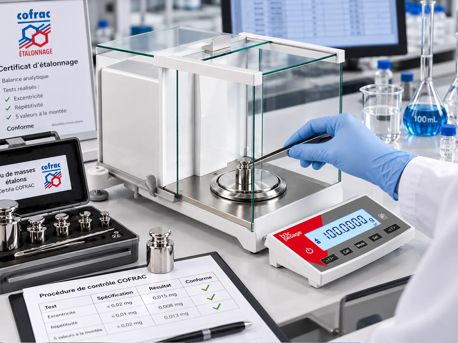 Contrôle de la balance analytique B3C LAB-A avec poids étalons et documents d’étalonnage sur paillasse Contrôle de la balance analytique B3C LAB-A avec poids étalons et documents d’étalonnage sur paillasse