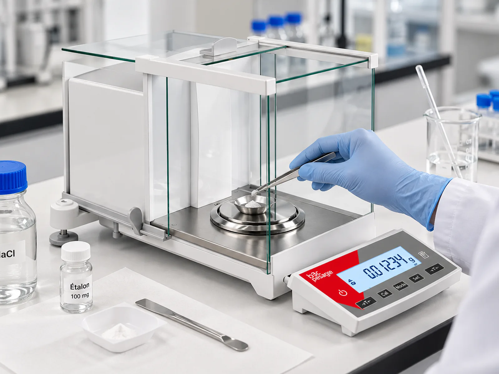 Pesée d’un échantillon sur la balance analytique B3C LAB-A en laboratoire, avec indicateur déporté Pesée d’un échantillon sur la balance analytique B3C LAB-A en laboratoire, avec indicateur déporté