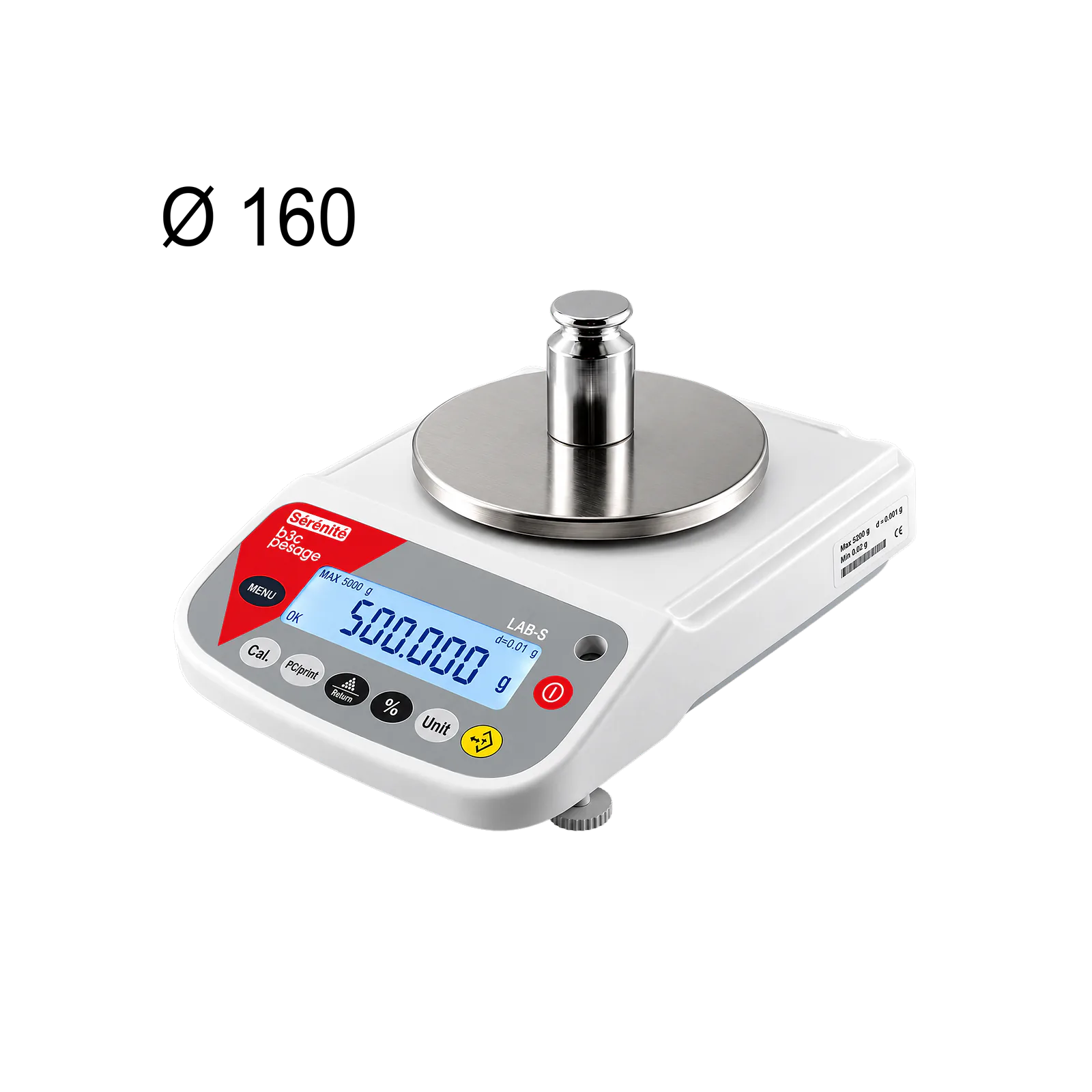 LAB-S avec poids étalon Balance B3C LAB-S sans pare-brise, avec poids étalon sur le plateau rond de diamètre 160 mm