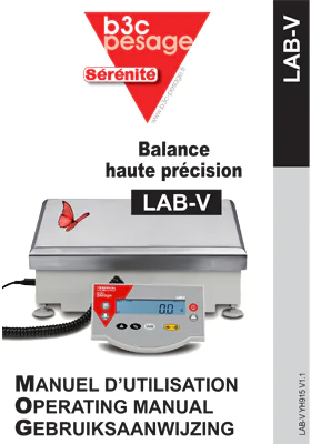 Aperçu de la première page du manuel d'utilisation PDF de la balance LAB-V, fonctions et entretien
