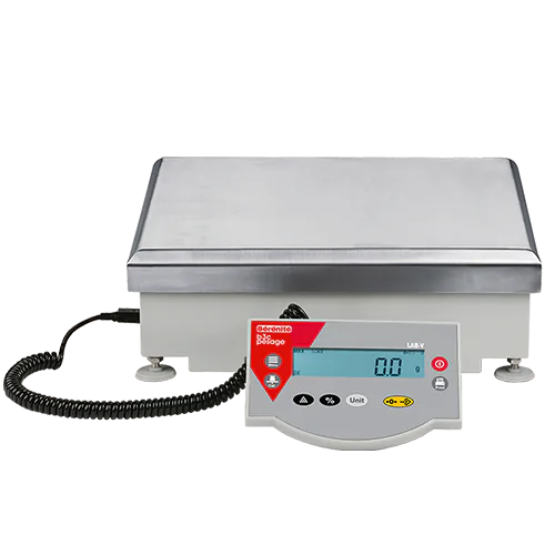 Connecteur RS232 et câbles à l'arrière de la balance LAB-V sous le bord du plateau inox