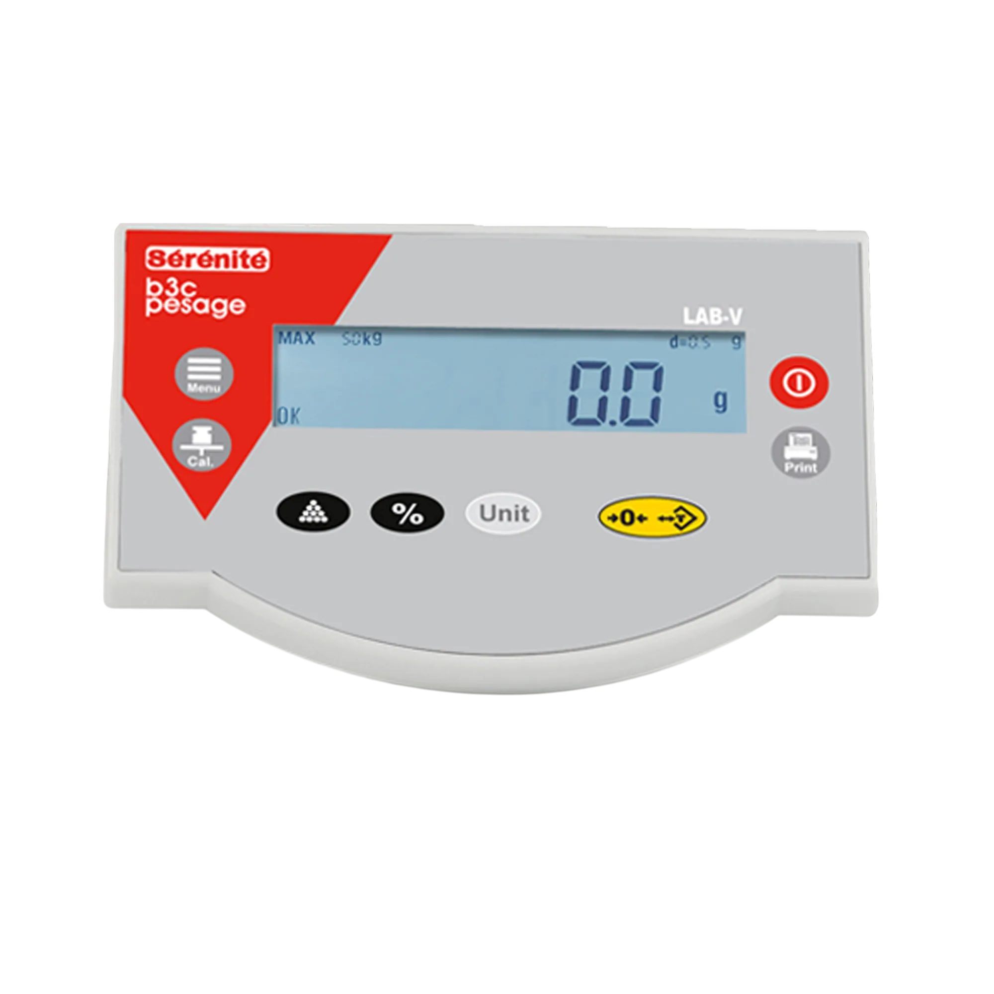 Indicateur déporté de la balance LAB-V avec écran LCD, touches comptage, pourcentage et impression, fond blanc