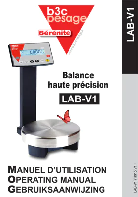 Aperçu de la première page du manuel d'utilisation PDF de la balance LAB-V1, prise en main et fonctions