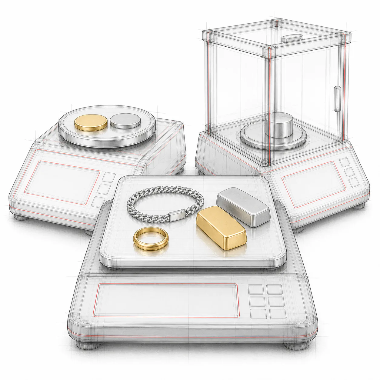 Schéma technique de balance B3C pour métaux précieux avec bijoux et lingots lisses, sans texte ni logo