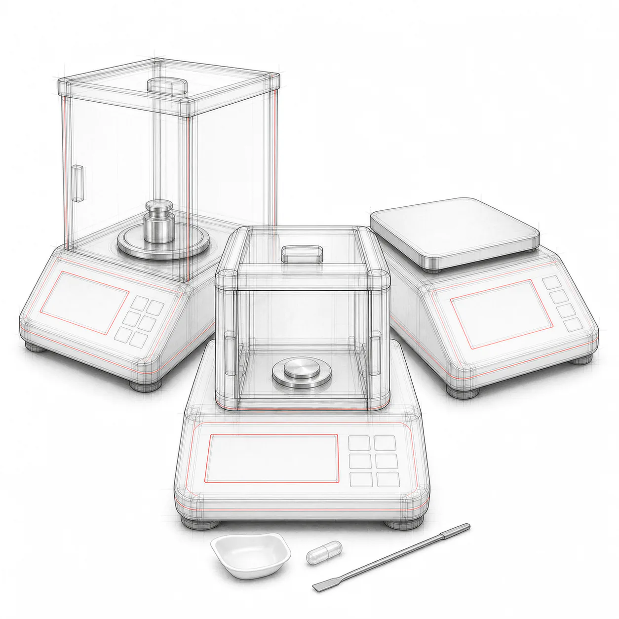 Schéma technique de microbalance B3C avec chambre de pesée et accessoires de laboratoire, sans texte ni logo