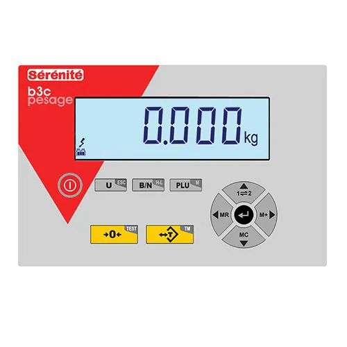 Indicateur de la balance S300 en mode pesage, affichage 0,000 kg sur l'écran LCD rétro-éclairé bleu