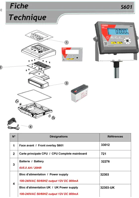 Aperçu de la vue éclatée des pièces détachées de la balance S601 pour identification et commande SAV