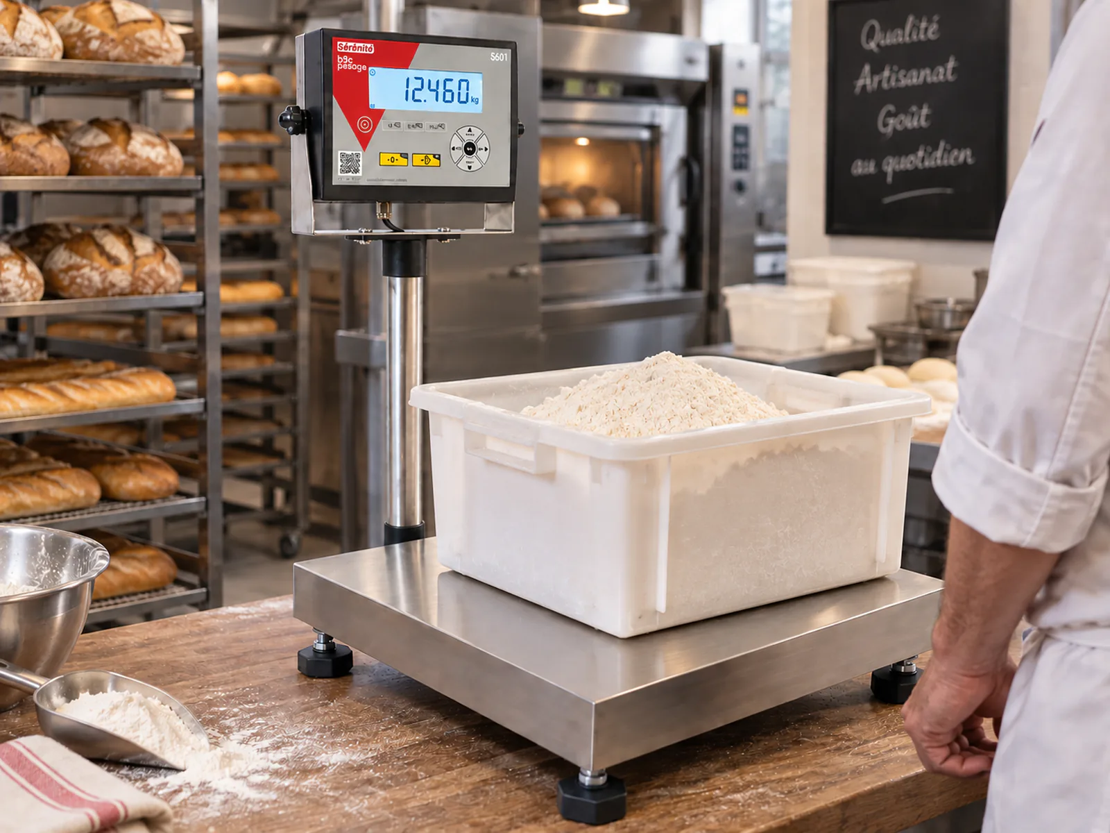 Balance B3C S601 à colonne pesant un bac de farine dans un atelier de boulangerie