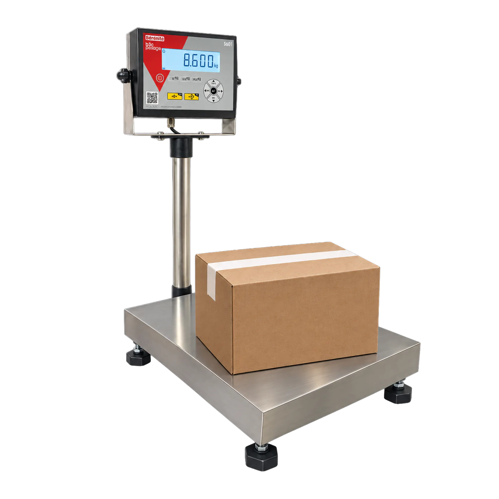 Balance plate-forme B3C S601 à colonne pesant un carton, avec plateau inox et indicateur LCD