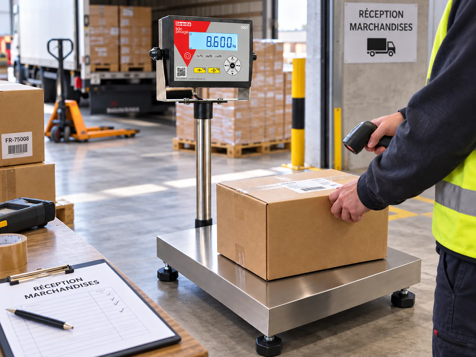 Balance B3C S601 à colonne pesant un carton à un poste de réception de marchandises en entrepôt