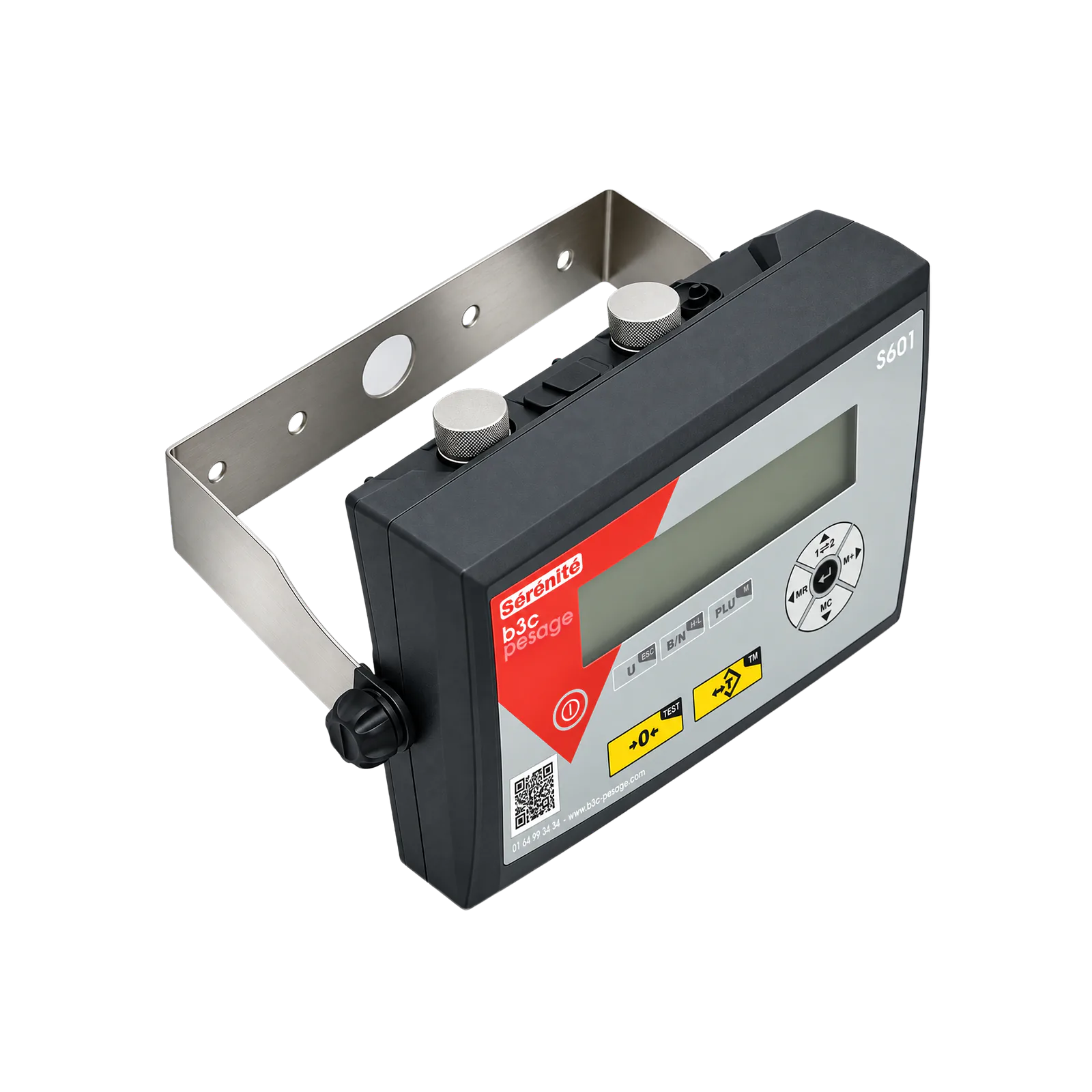 Indicateur B3C S601 en boîtier ABS, vu de trois quarts avec support mural orientable et connecteurs