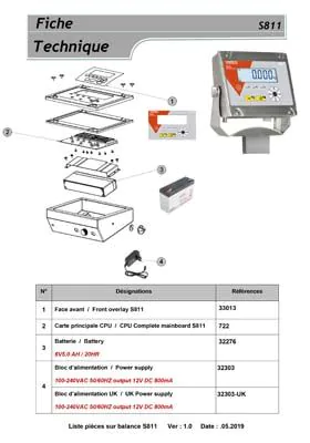 Aperçu de la vue éclatée des pièces détachées de la balance S811 pour identification et commande SAV