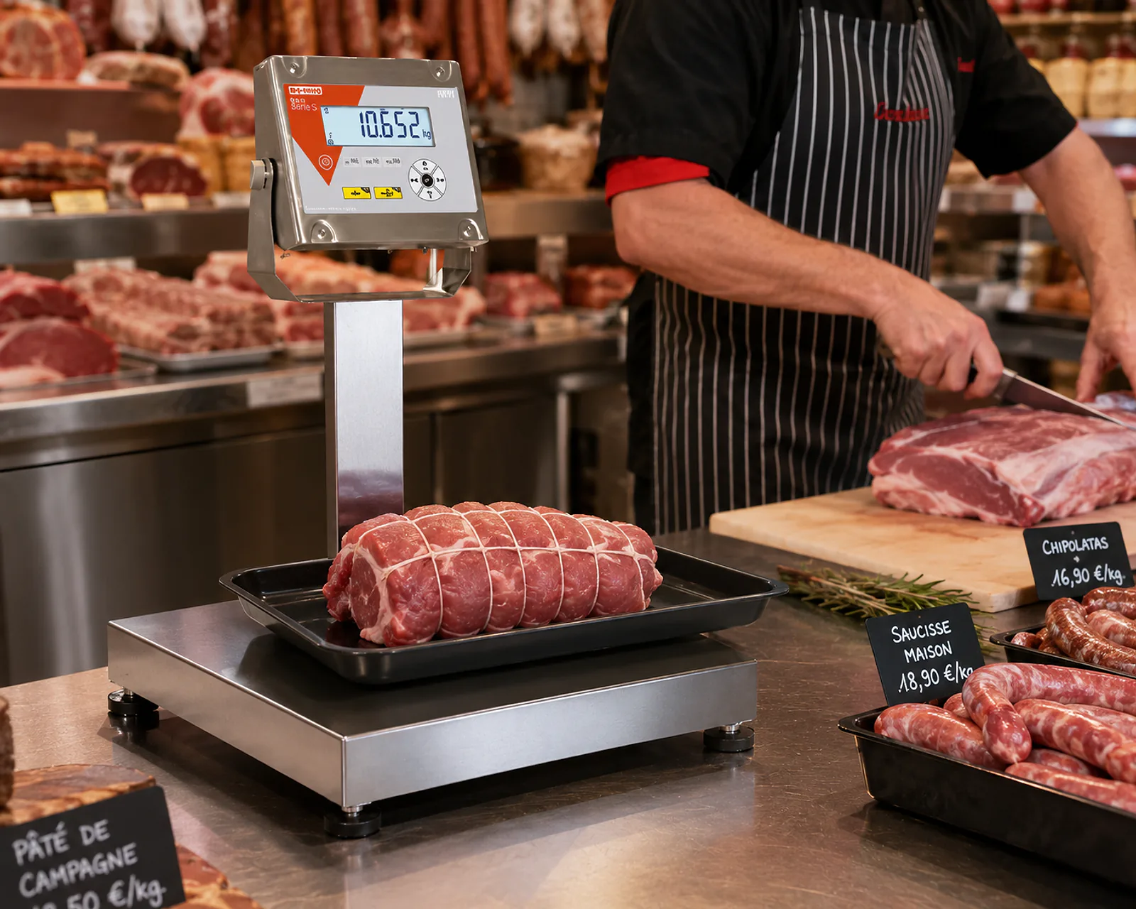 Balance S811 tout inox avec plateau et indicateur sur colonne dans un atelier de découpe en boucherie