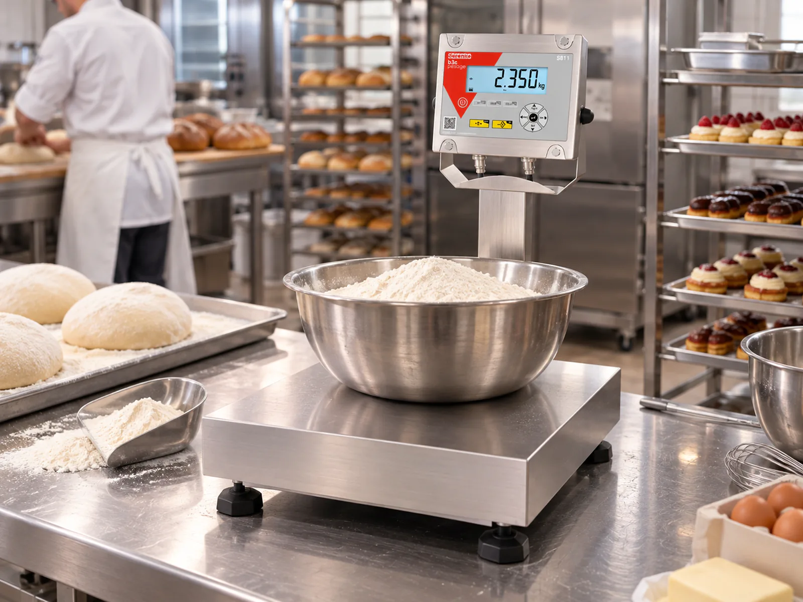 Balance B3C S811 sur colonne pesant un bol de farine dans un atelier de boulangerie-pâtisserie