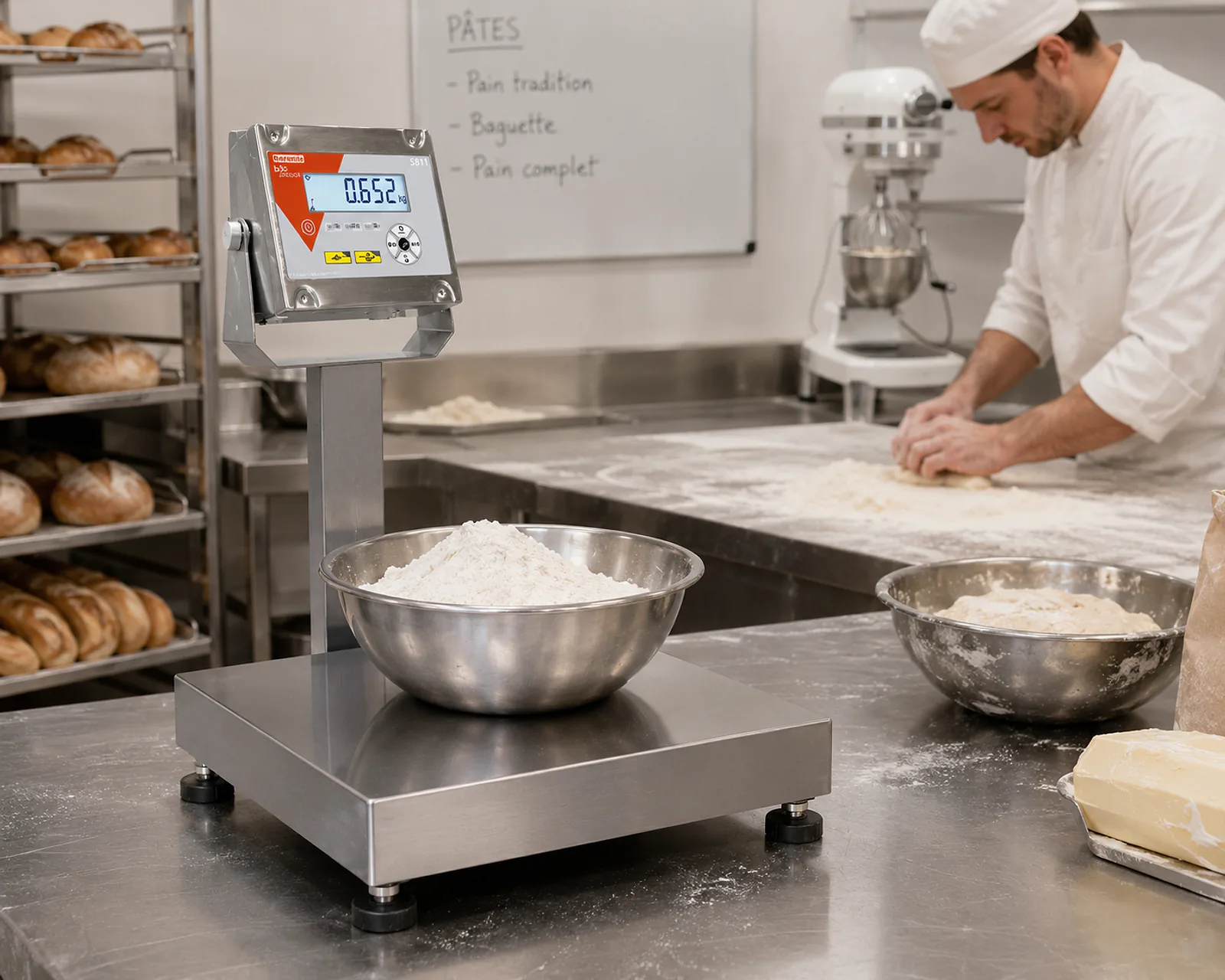 Balance S811 tout inox avec indicateur sur colonne pour peser la farine en atelier de boulangerie-pâtisserie