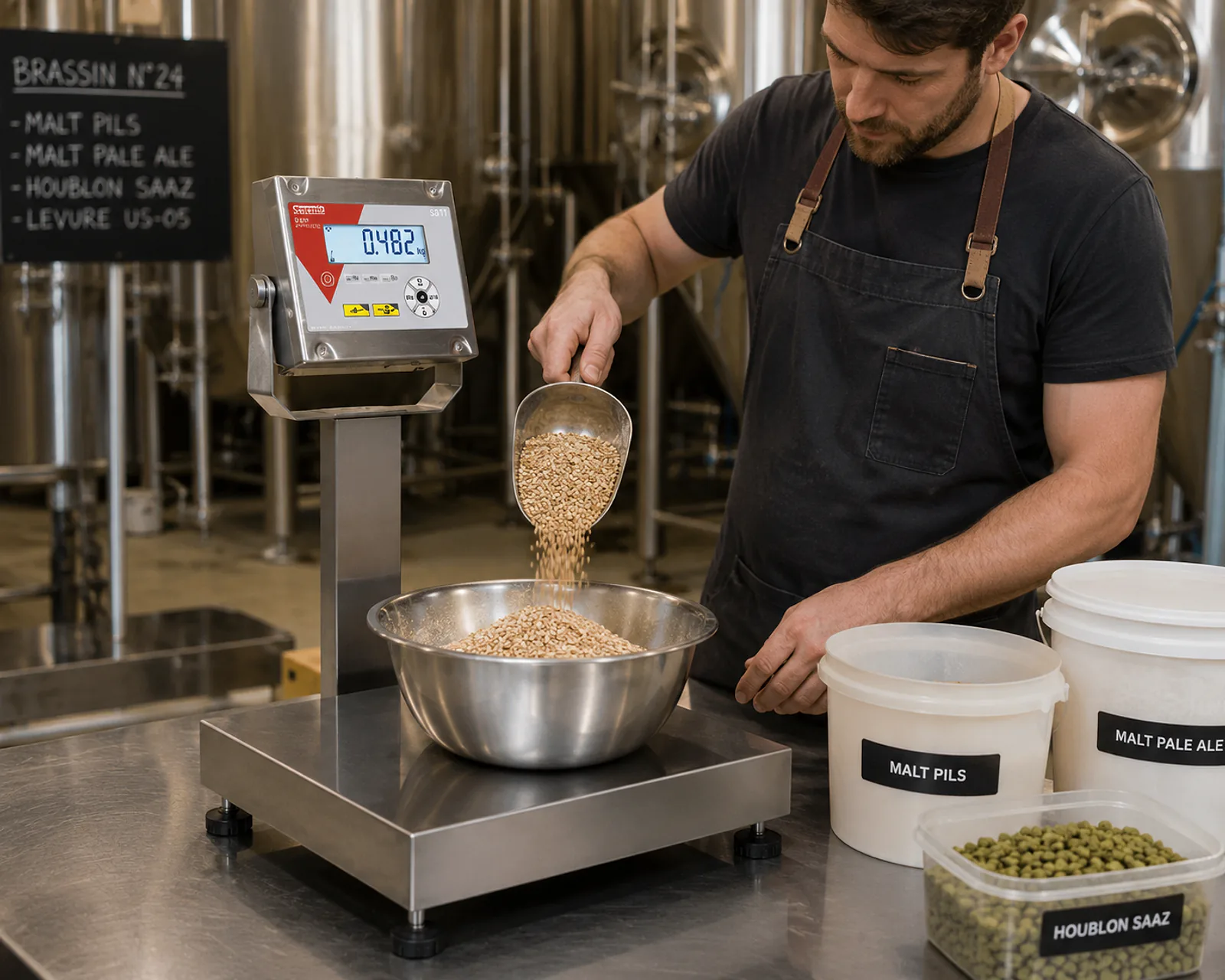 Balance S811 tout inox avec indicateur sur colonne pour peser le malt dans une brasserie artisanale