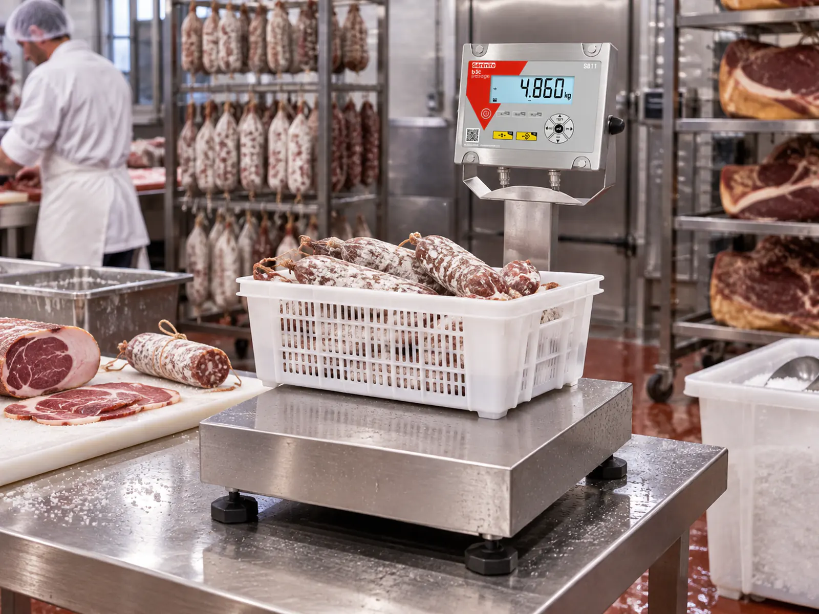 Balance B3C S811 tout inox avec un bac de charcuterie sur le plateau, dans un atelier de salaison
