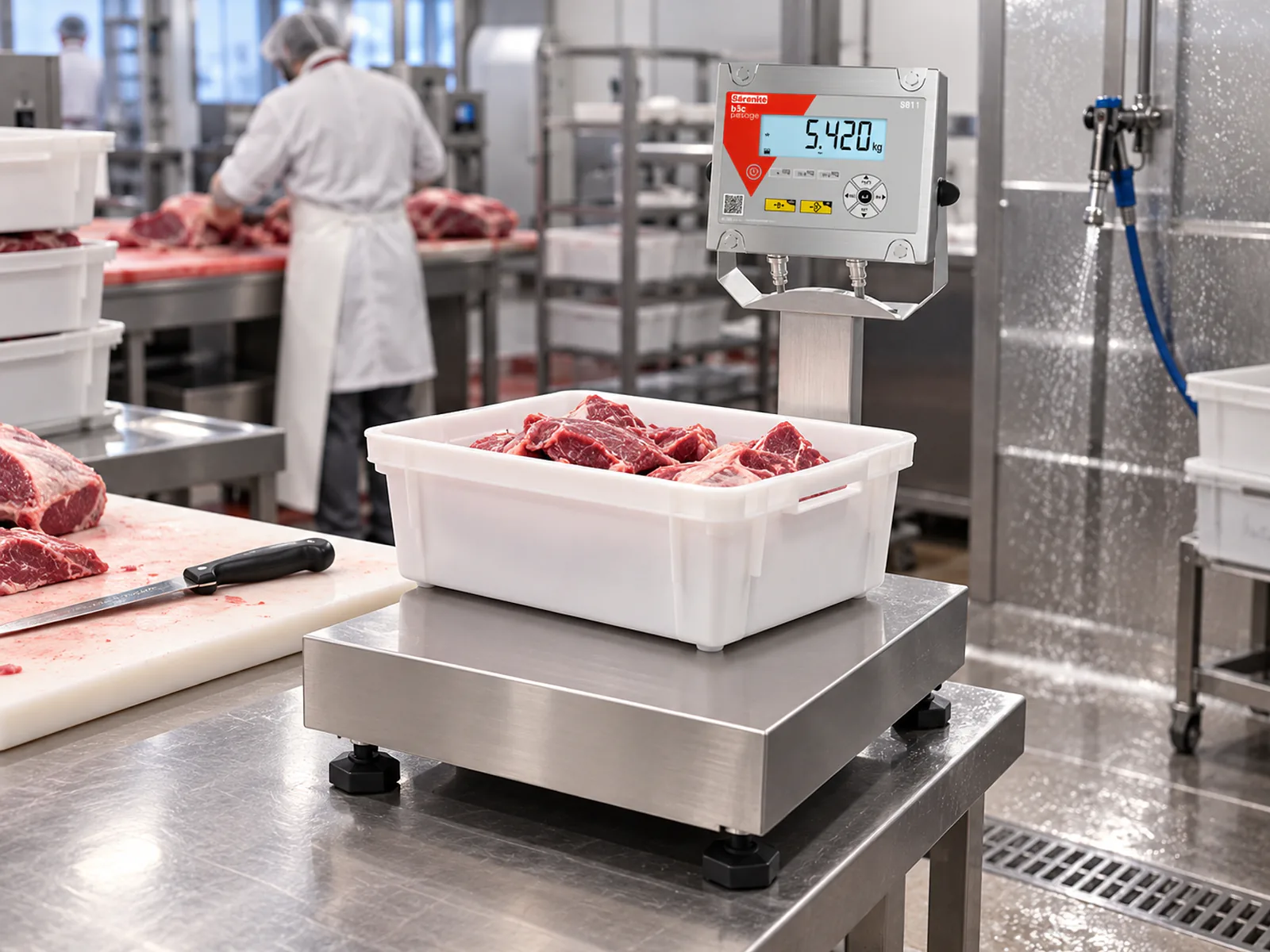 Balance B3C S811 tout inox pesant un bac de viande dans un atelier de découpe alimentaire
