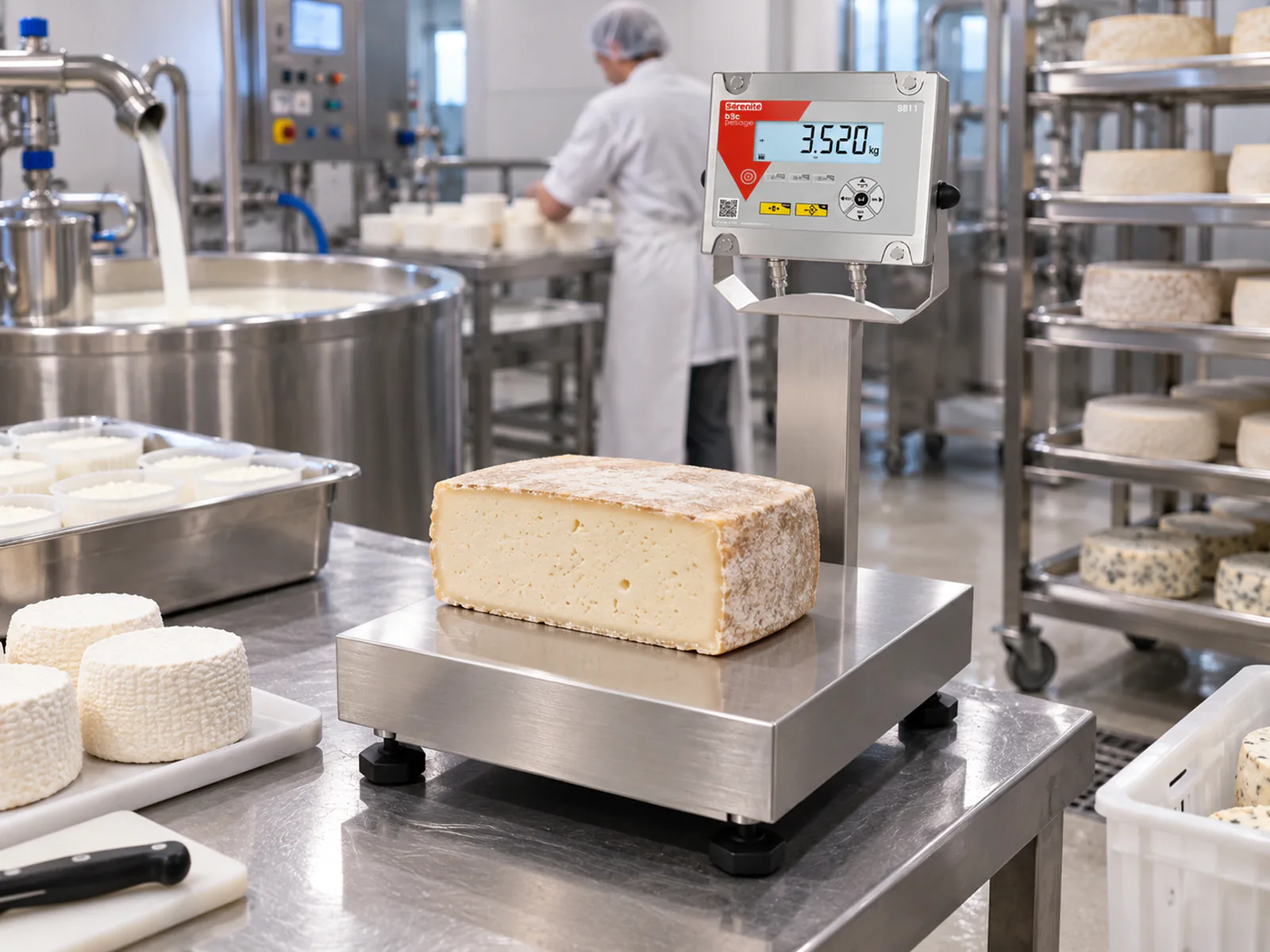 Balance B3C S811 tout inox pesant un morceau de fromage dans un atelier de production fromagère