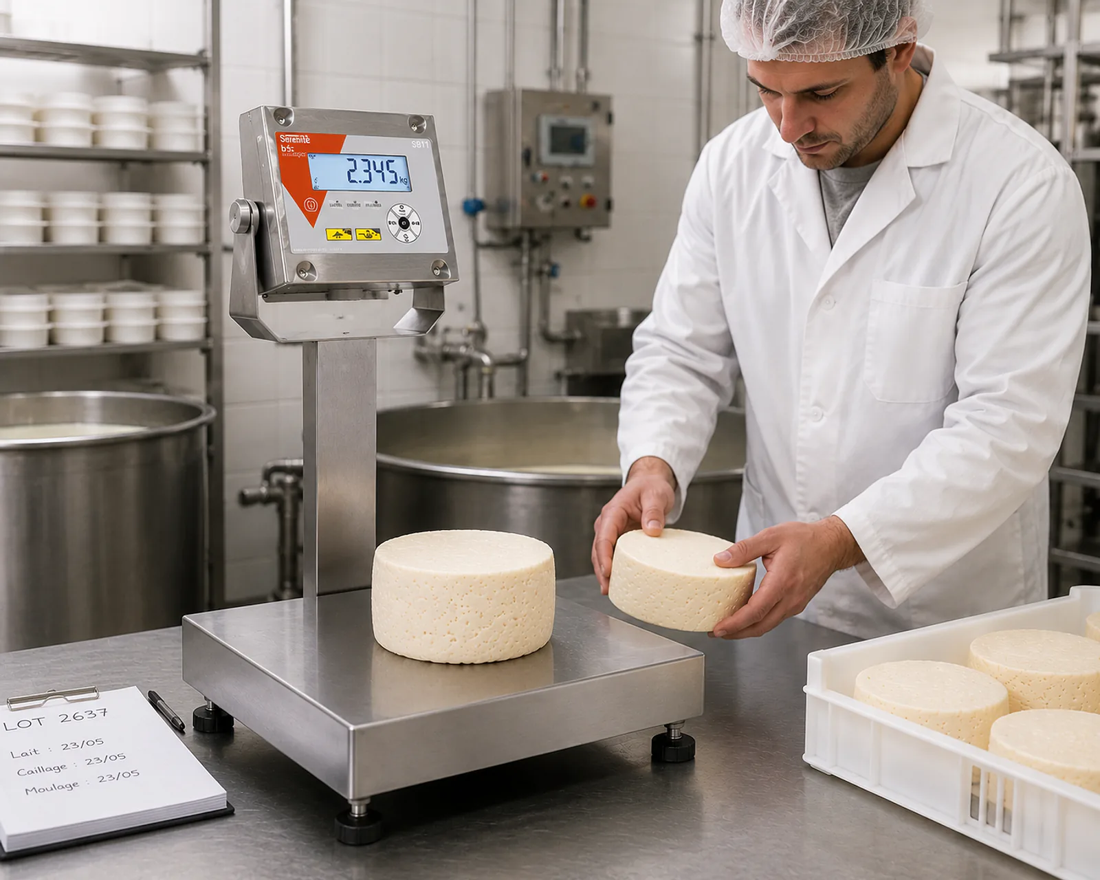 Balance S811 tout inox avec indicateur sur colonne pour le contrôle de production en laiterie-fromagerie