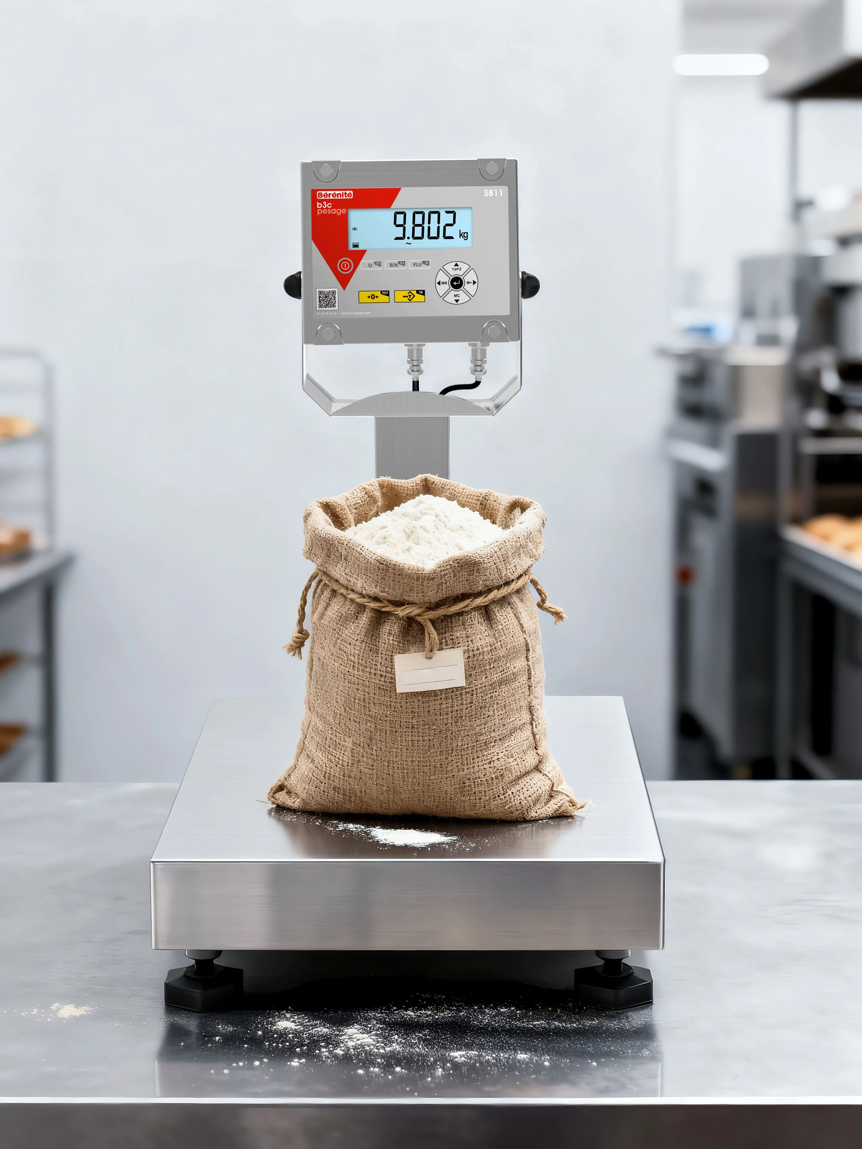 Balance S811 tout inox au plateau ruisselant dans un atelier agroalimentaire humide, étanchéité IP67