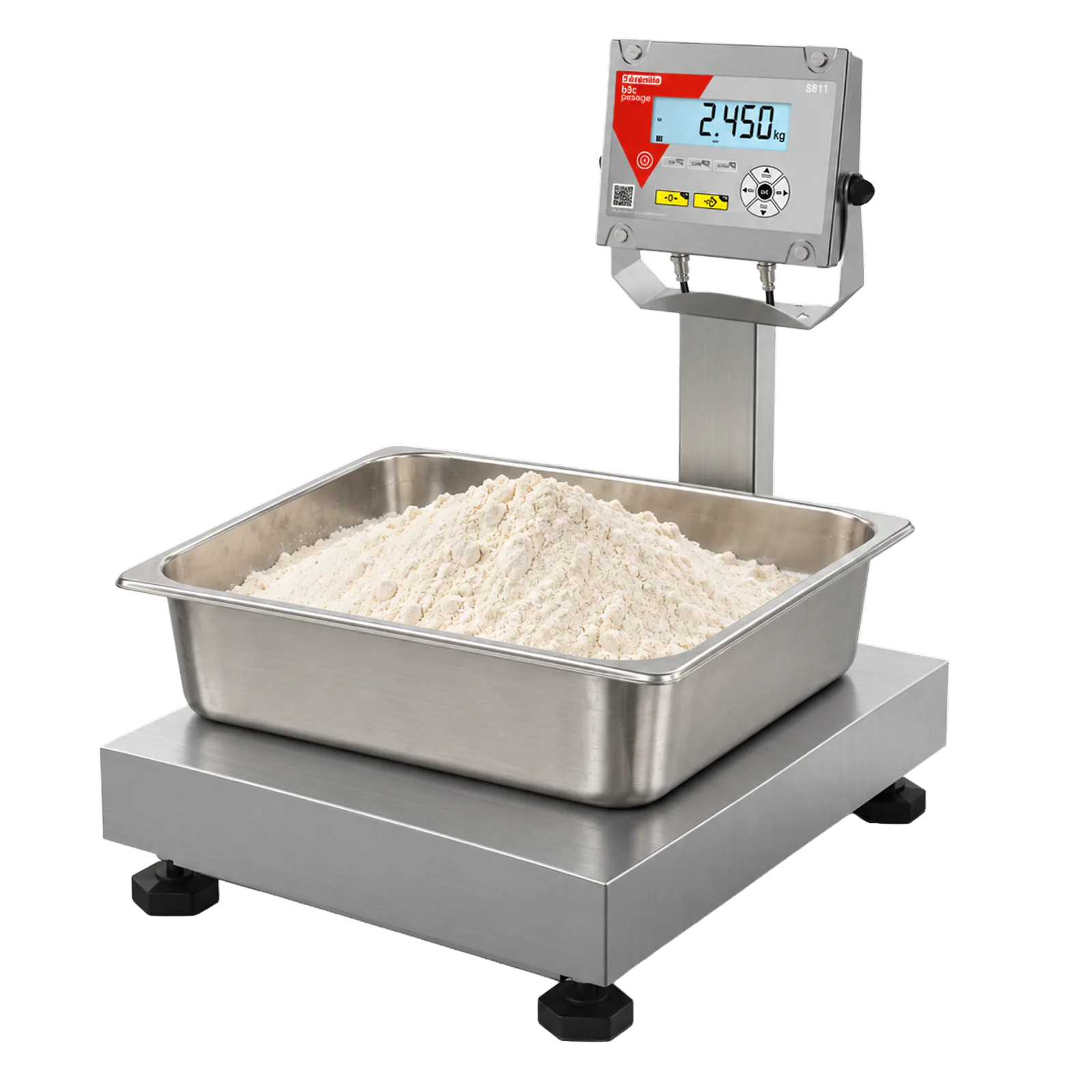 Balance plate-forme B3C S811 tout inox pesant un bac de farine avec indicateur sur colonne