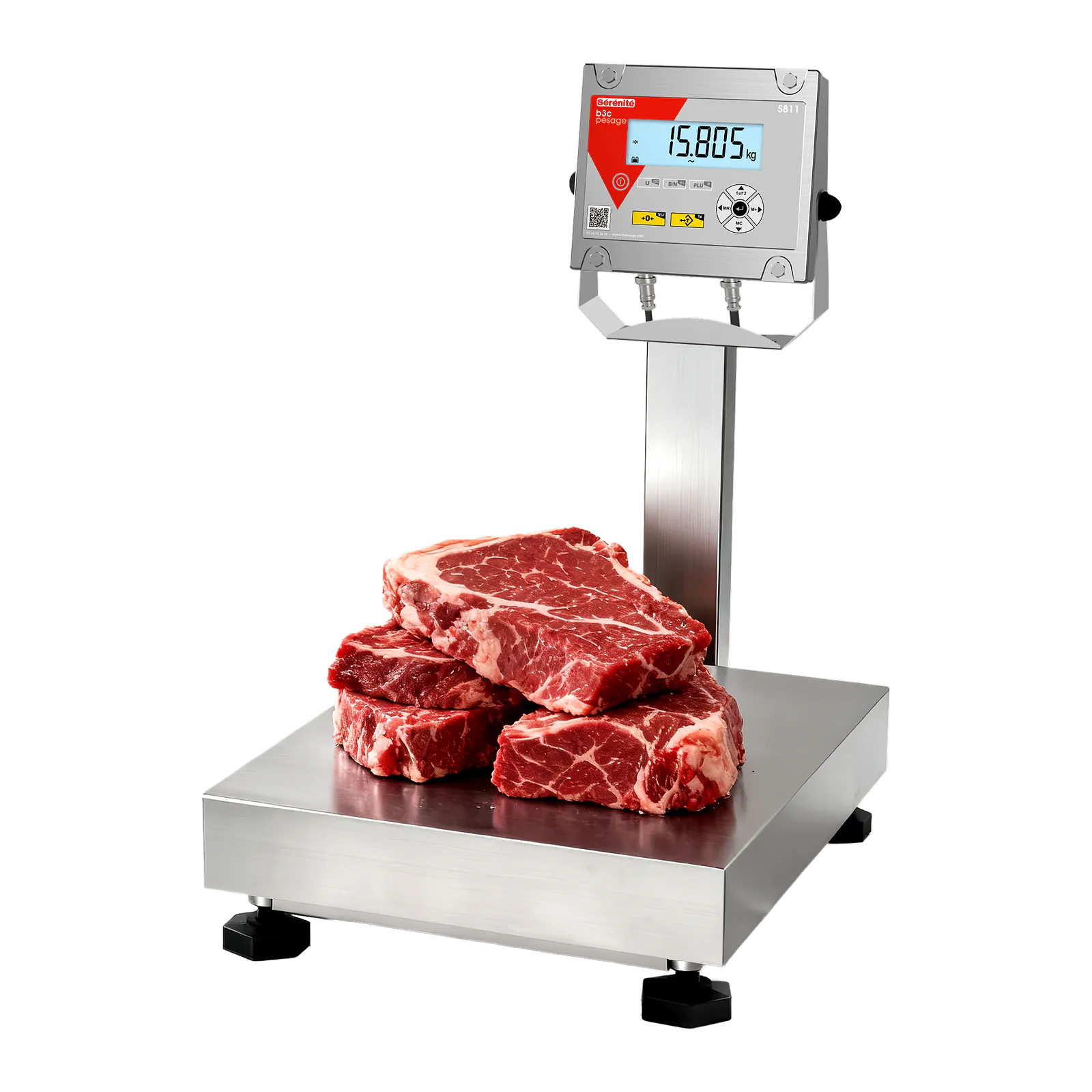 Balance plate-forme B3C S811 tout inox avec des morceaux de viande sur le plateau, sur fond uni