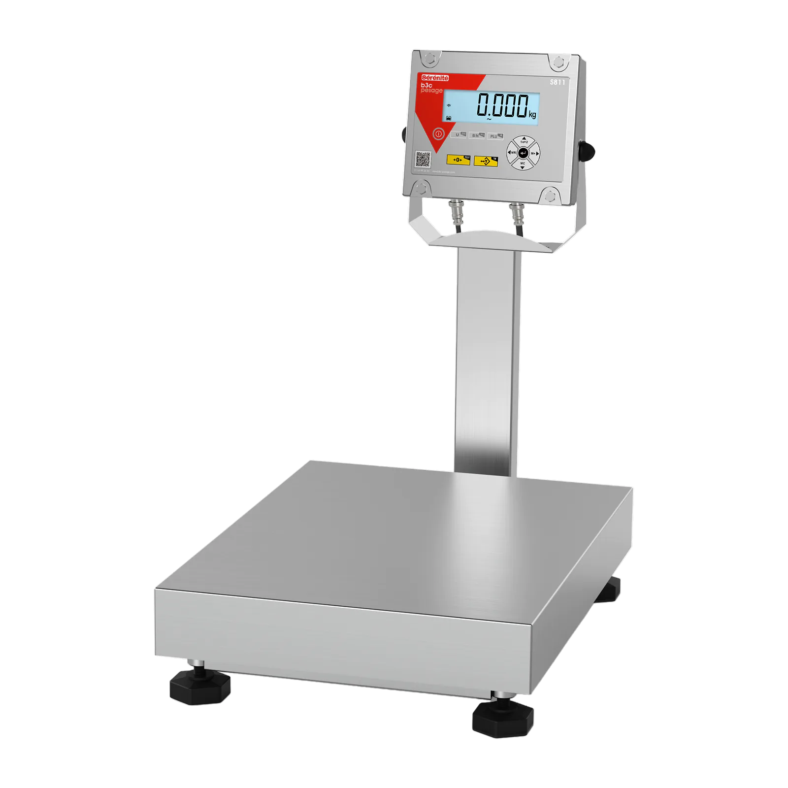 Balance plate-forme B3C S811 tout inox, plateau vide et indicateur sur colonne, vue de trois quarts