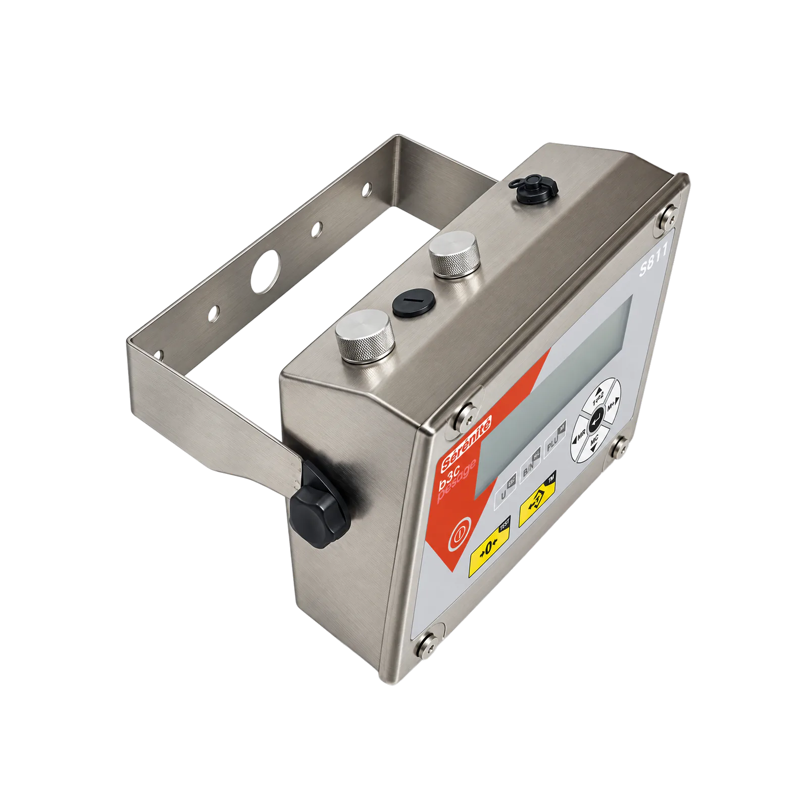 Indicateur B3C S811 tout inox vu de trois quarts, avec support mural orientable et connecteurs