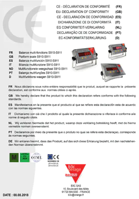 Aperçu du certificat de conformité CE de la balance S910 IP68 attestant le respect des directives européennes