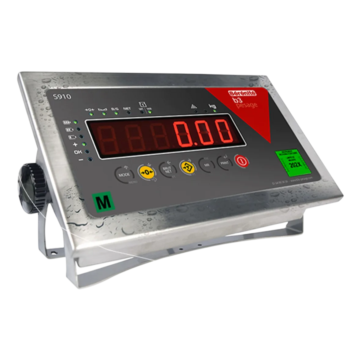 Indicateur tout inox de la balance homologuée gamme S910 IP68 couvert de gouttelettes, vignette verte et marque M