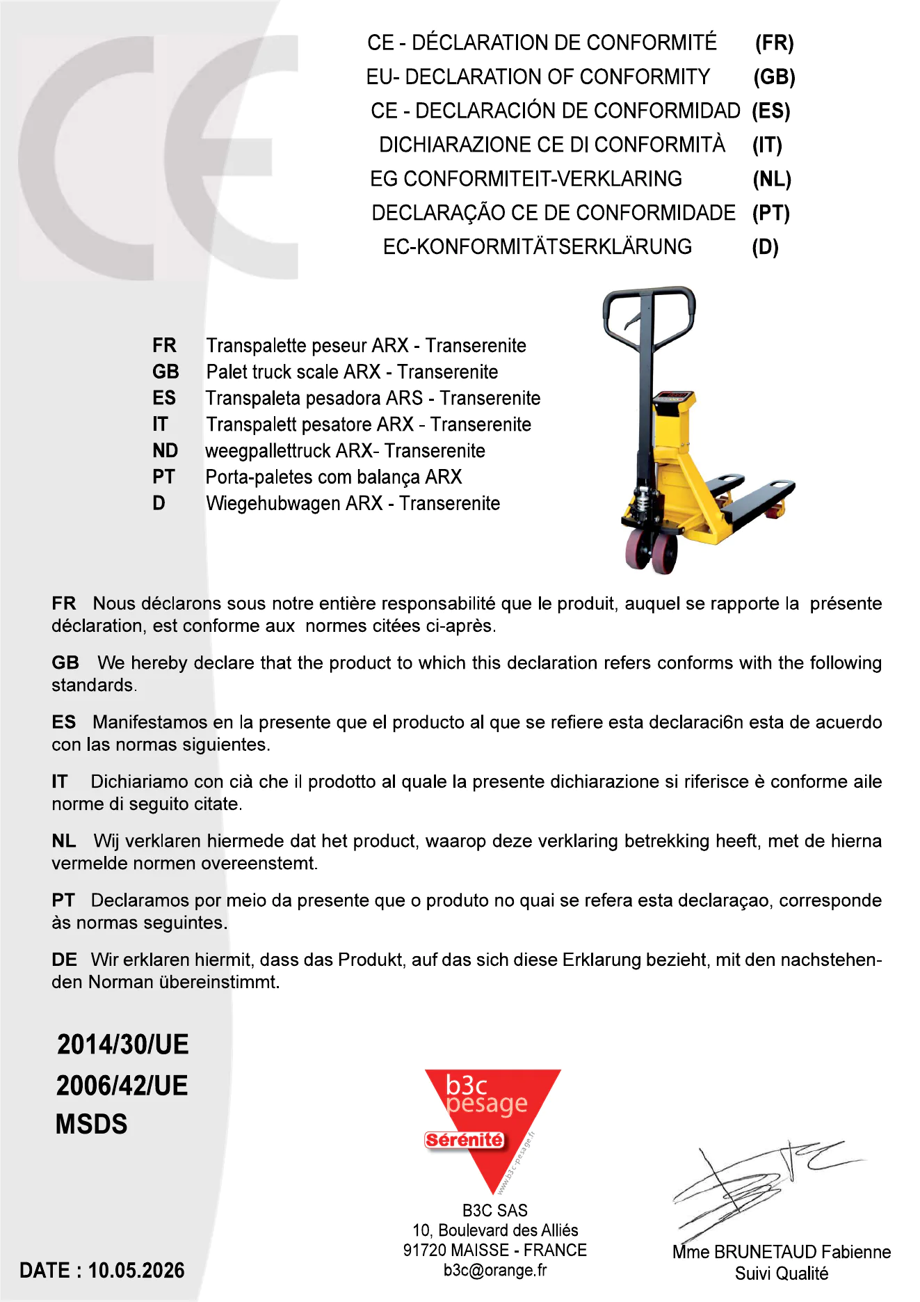 Déclaration de conformité CE Transérénité, aperçu Aperçu de la déclaration de conformité CE PDF du transpalette peseur Transérénité