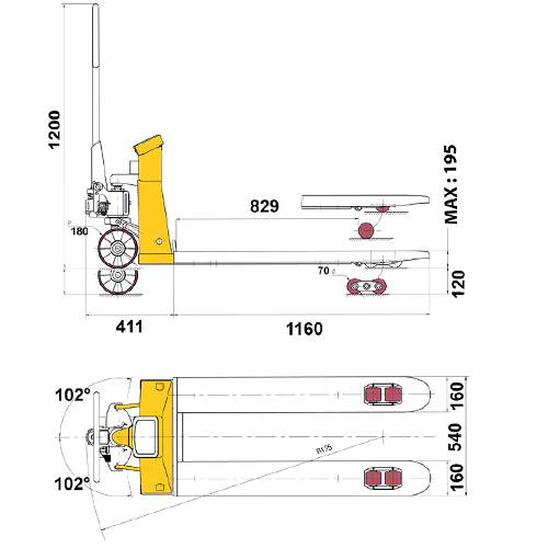 Schéma des dimensions du transpalette peseur Transérénité, fourches 1160×540 mm, hauteur de levage 195 mm