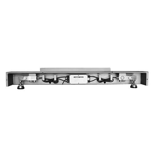 Dessous d'une plate-forme surbaissée gamme B3C 2814, capteurs de pesage et boîtier de jonction inox