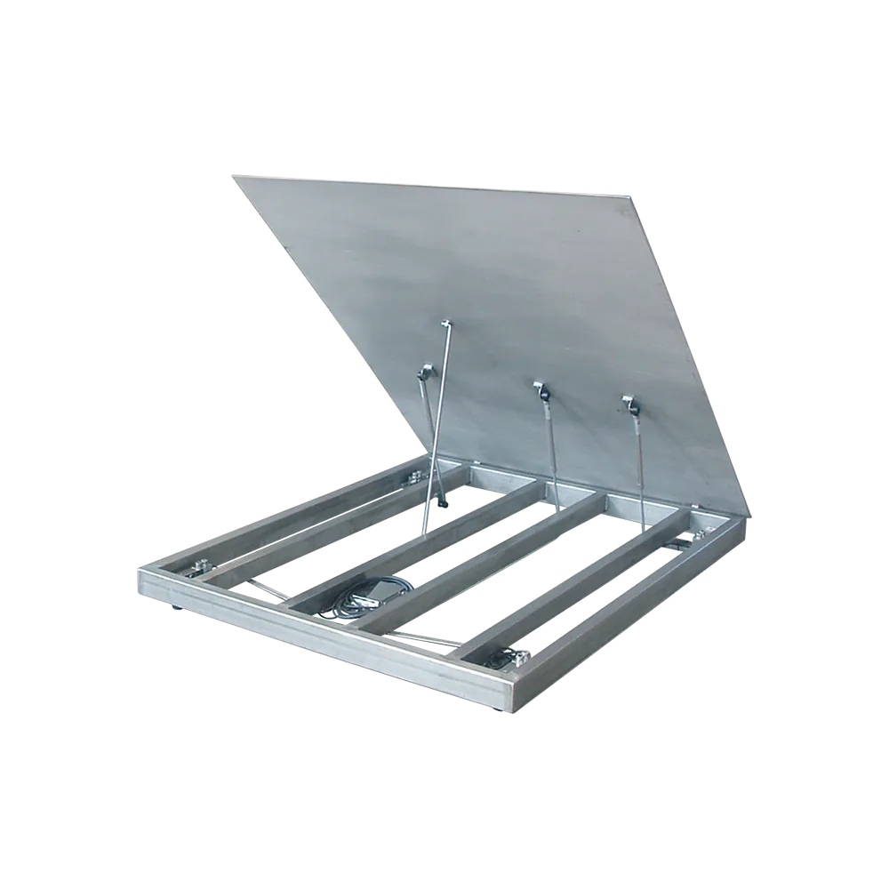 Plate-forme de pesage B3C 2817 REL encastrée au ras du sol, tablier inox relevable par vérins à gaz