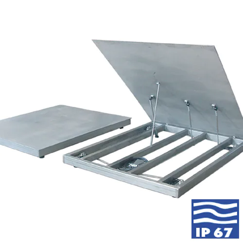 Plate-forme à encastrer relevable B3C 2817 REL tout inox, tablier ouvert sur vérins découvrant le châssis
