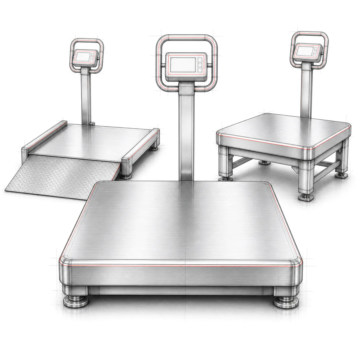 Schéma technique de plate-forme de pesage B3C en inox brossé, sans texte ni logo