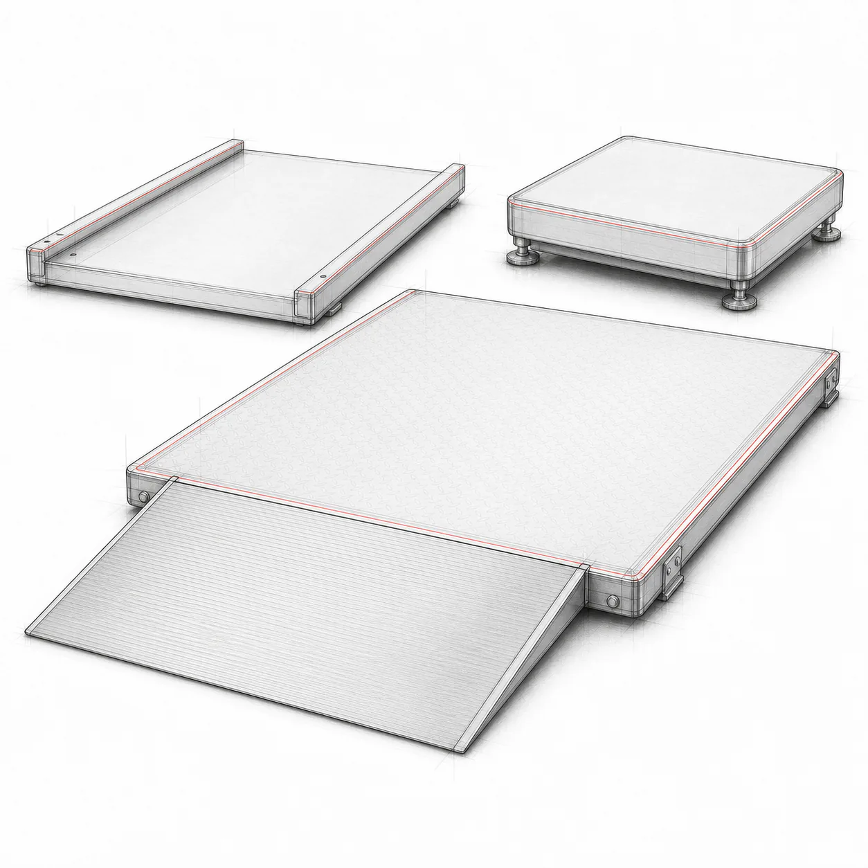 Schéma technique de plate-forme de pesage B3C surbaissée avec rampe, sans texte ni logo