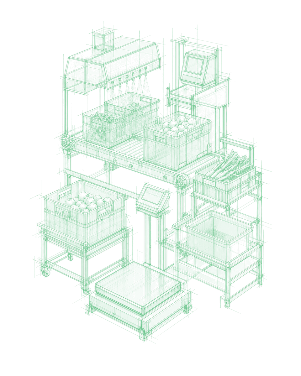 Maquette verrière d'un atelier agroalimentaire : convoyeur inox, bacs gastronorme, caisses de produits, zone de lavage HACCP et plateforme de pesage