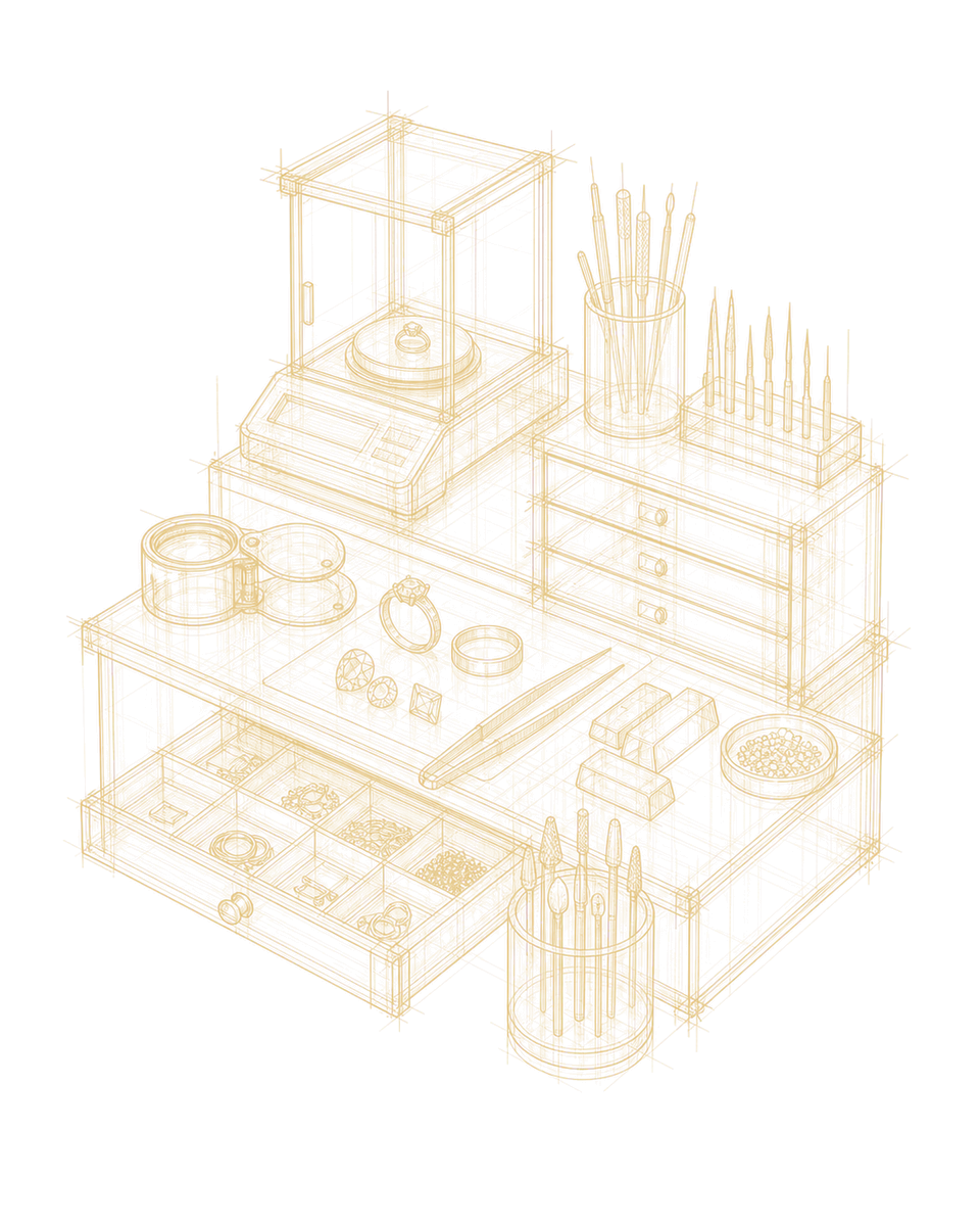 Maquette verrière d'un atelier de bijouterie : balance de précision, bagues, pierres, loupe, brucelles et petits lingots