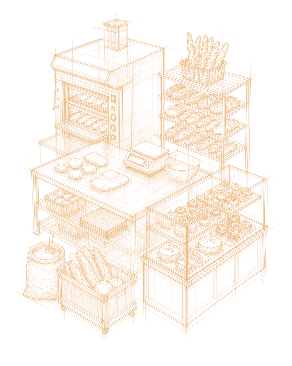 Maquette verrière d'une boulangerie-pâtisserie : fournil, four, paniers de baguettes, pâtons, vitrine de viennoiseries et balance de comptoir