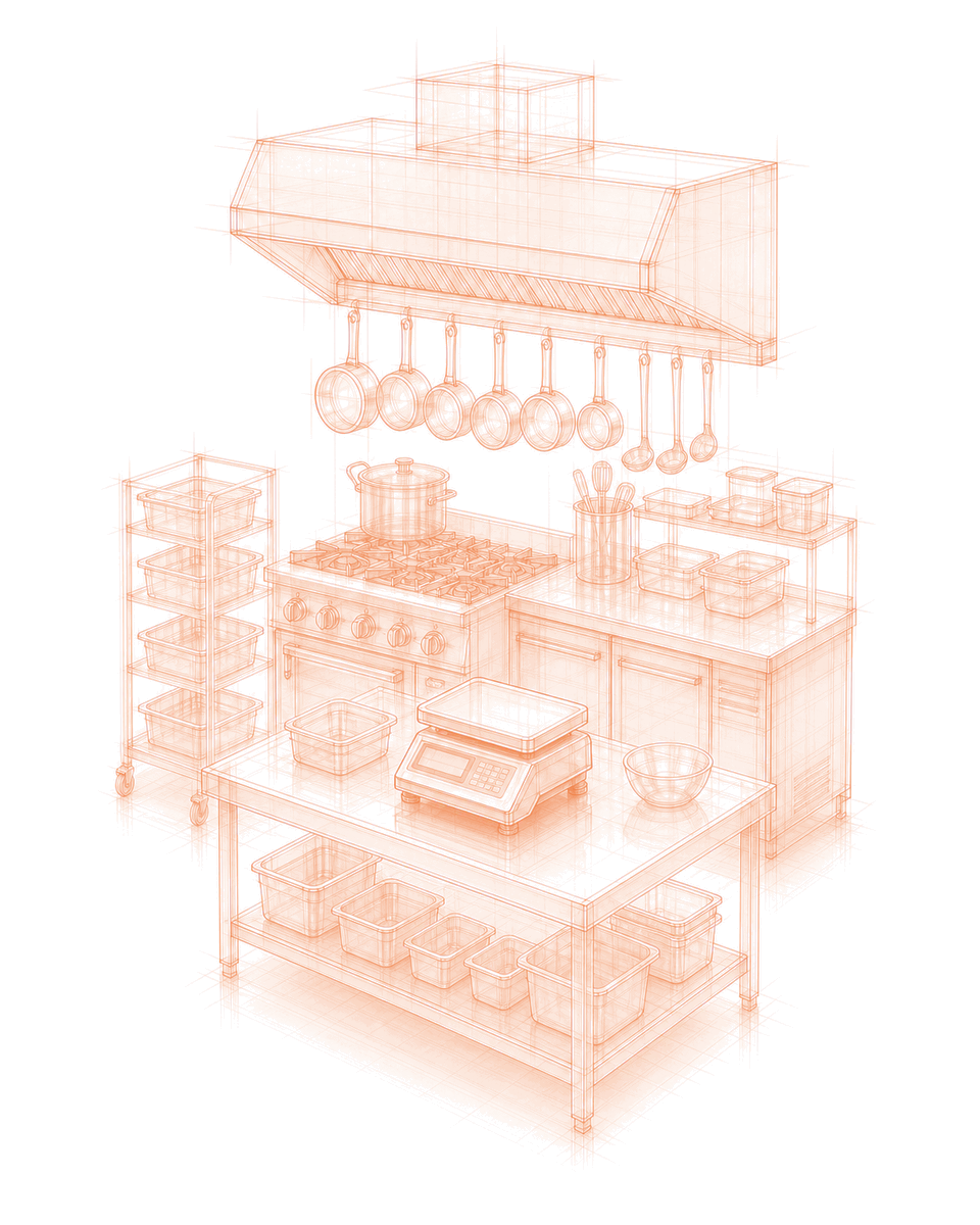 Maquette verrière d'une cuisine professionnelle : piano de cuisson, hotte, plan de préparation inox, bacs gastronorme et balance de portionnage