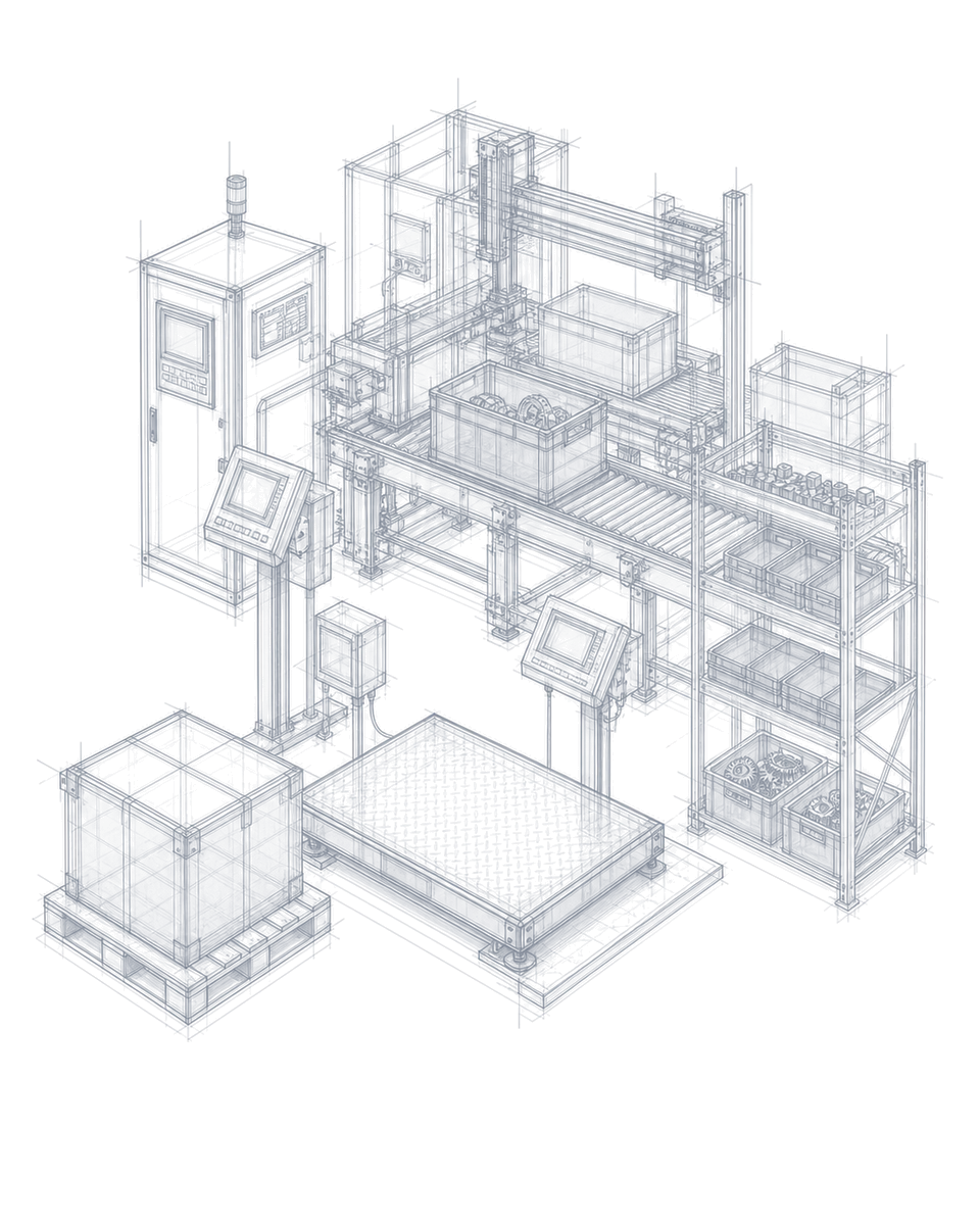 Maquette verrière d'un atelier industriel : plateforme de pesage lourde, caisses-palettes, indicateurs connectés, armoires techniques et ligne de production