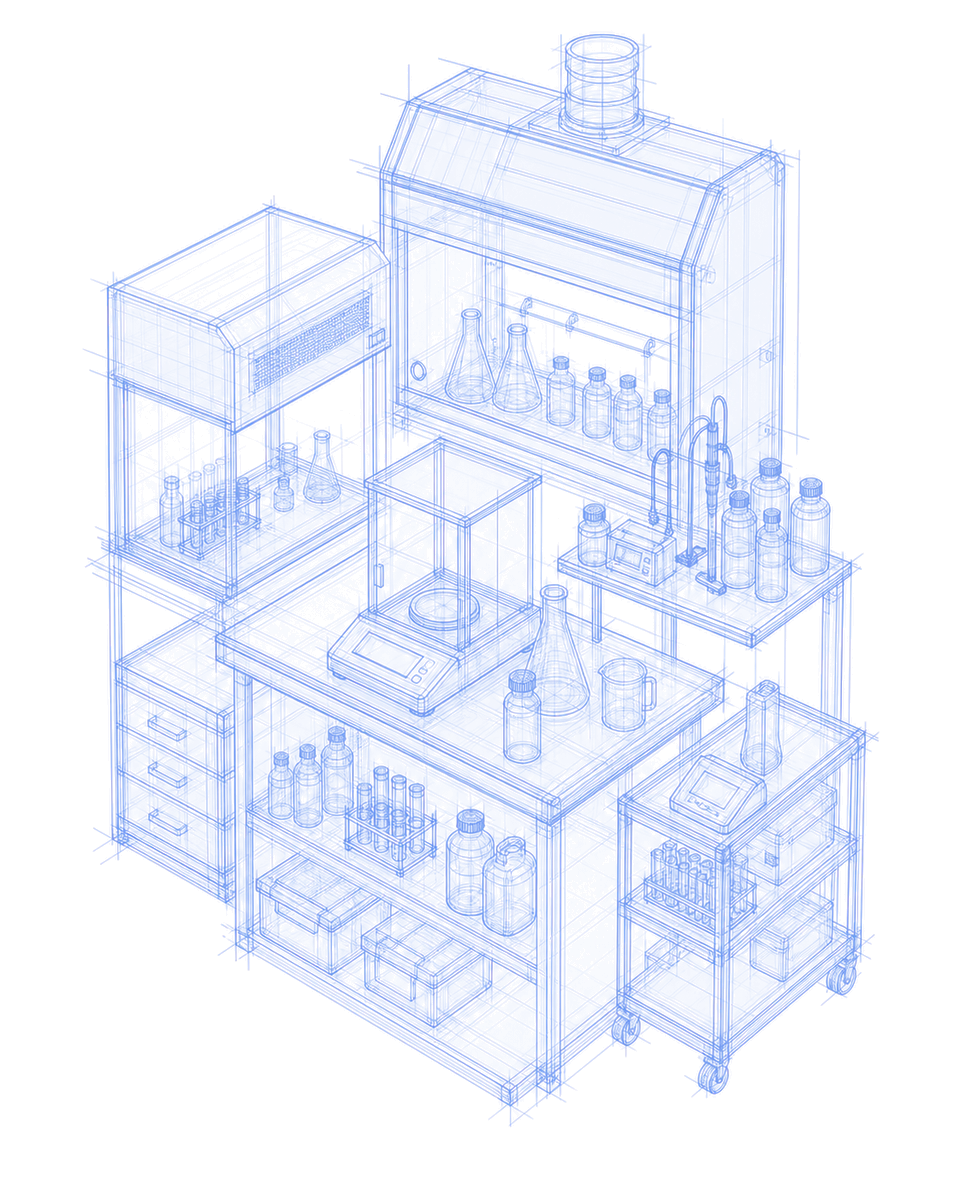Maquette verrière d'un laboratoire d'analyse : balance analytique sous pare-brise, sorbonne, fioles, béchers, flacons et paillasse