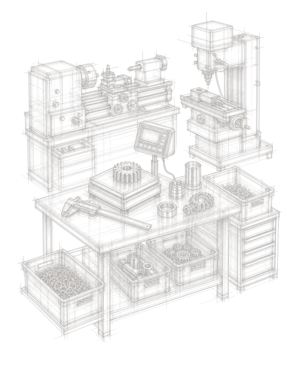 Maquette verrière d'un atelier métallurgie mécanique : machines d'usinage, plateforme de pesage, pièces métalliques et bacs de copeaux