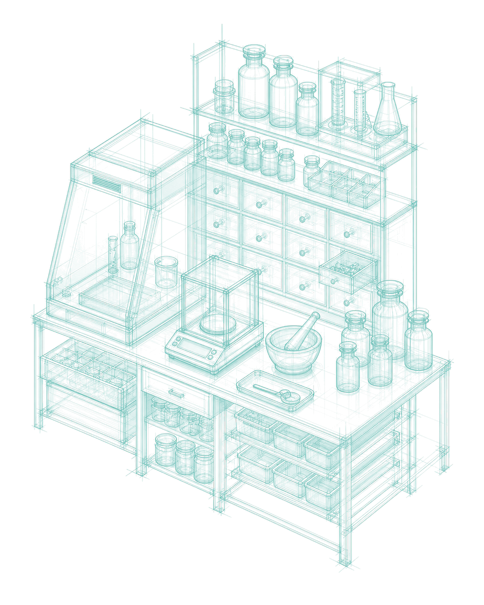 Maquette verrière d'un préparatoire de pharmacie : balance de précision, mortier, pilon, flacons ambrés, tiroirs d'apothicaire et verrerie