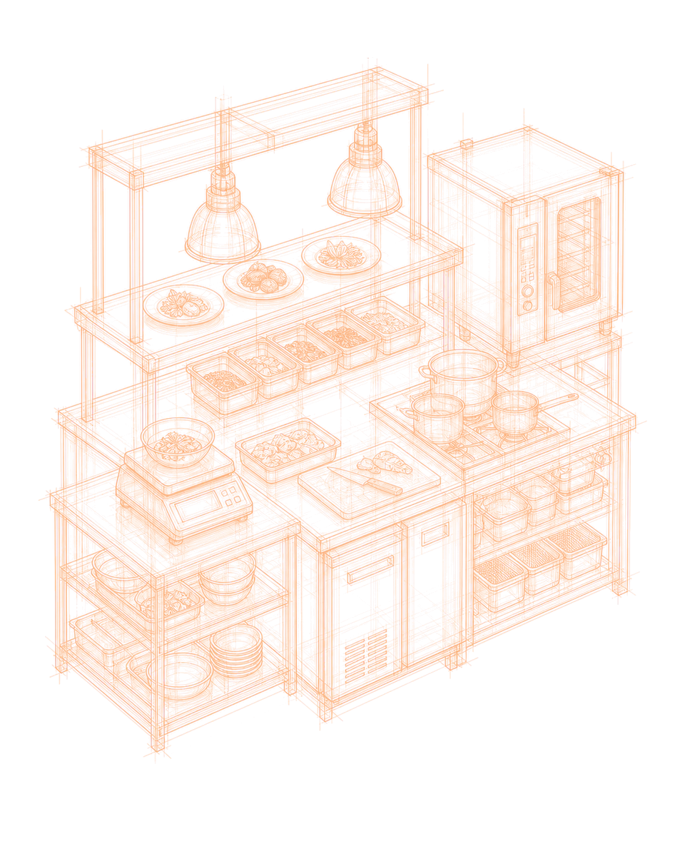 Maquette verrière d'un pass de restaurant : assiettes dressées, four mixte, plan de service, casseroles, bacs de préparation et balance de portionnage