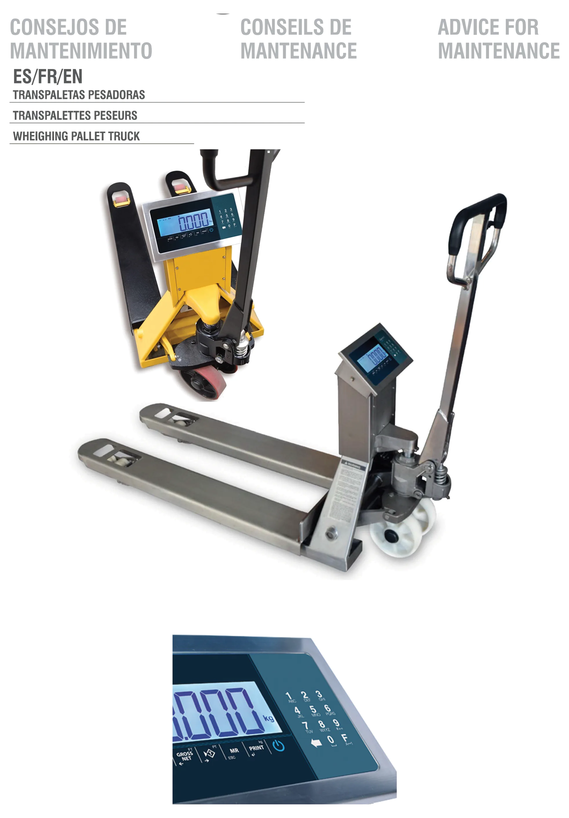 Transpalette peseur B3C tout inox IP65 avec 4 capteurs inox et indicateur S921 pour environnements agroalimentaires